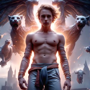 AI male art photos with a fantastical atmosphere. Imagine a Hogwarts School of Witchcraft student, from the Harry Potter series, a handsome, beautiful, and attractive, shirtless young teenage boy, standing firm against a threat. With a detailed Hogwarts castle background, casting a powerful spell, conjuring creatures based on their assigned house crest. From Demonic snakes, powerful lions, fierce badgers, or a murder of Crows. Dementors floating ominously in a cloudy sky, and sparks, shadows, and cinematic lighting, offering an otherworldly vibe.