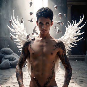 AI male art photos with a fantastical atmosphere. Imagine a Hogwarts School of Witchcraft student, from the Harry Potter series, a handsome, beautiful, and attractive, shirtless young teenage boy, standing firm against a threat. With a detailed Hogwarts castle background, casting a powerful spell, conjuring creatures based on their assigned house crest. From Demonic snakes, powerful lions, fierce badgers, or a murder of Crows. Dementors floating ominously in a cloudy sky, and sparks, shadows, and cinematic lighting, offering an otherworldly vibe.