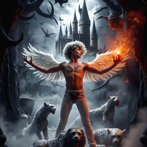 AI male art photos with a fantastical atmosphere. Imagine a Hogwarts School of Witchcraft student, from the Harry Potter series, a handsome, beautiful, and attractive, shirtless young teenage boy, standing firm against a threat. With a detailed Hogwarts castle background, casting a powerful spell, conjuring creatures based on their assigned house crest. From Demonic snakes, powerful lions, fierce badgers, or a murder of Crows. Dementors floating ominously in a cloudy sky, and sparks, shadows, and cinematic lighting, offering an otherworldly vibe.