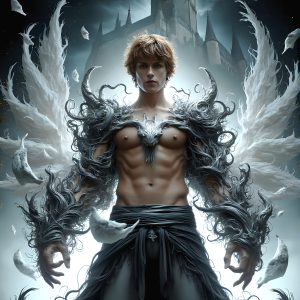 AI male art photos with a fantastical atmosphere. Imagine a Hogwarts School of Witchcraft student, from the Harry Potter series, a handsome, beautiful, and attractive, shirtless young teenage boy, standing firm against a threat. With a detailed Hogwarts castle background, casting a powerful spell, conjuring creatures based on their assigned house crest. From Demonic snakes, powerful lions, fierce badgers, or a murder of Crows. Dementors floating ominously in a cloudy sky, and sparks, shadows, and cinematic lighting, offering an otherworldly vibe.