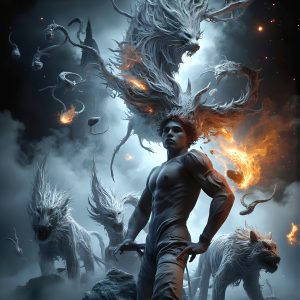 AI male art photos with a fantastical atmosphere. Imagine a Hogwarts School of Witchcraft student, from the Harry Potter series, a handsome, beautiful, and attractive, shirtless young teenage boy, standing firm against a threat. With a detailed Hogwarts castle background, casting a powerful spell, conjuring creatures based on their assigned house crest. From Demonic snakes, powerful lions, fierce badgers, or a murder of Crows. Dementors floating ominously in a cloudy sky, and sparks, shadows, and cinematic lighting, offering an otherworldly vibe.