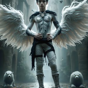 AI male art photos with a fantastical atmosphere. Imagine a Hogwarts School of Witchcraft student, from the Harry Potter series, a handsome, beautiful, and attractive, shirtless young teenage boy, standing firm against a threat. With a detailed Hogwarts castle background, casting a powerful spell, conjuring creatures based on their assigned house crest. From Demonic snakes, powerful lions, fierce badgers, or a murder of Crows. Dementors floating ominously in a cloudy sky, and sparks, shadows, and cinematic lighting, offering an otherworldly vibe.