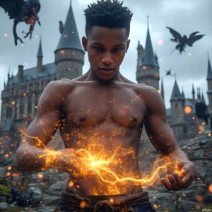 AI male art photos with a fantastical atmosphere. Imagine a Hogwarts School of Witchcraft student, from the Harry Potter series, a handsome, beautiful, and attractive, shirtless young teenage boy, standing firm against a threat. With a detailed Hogwarts castle background, casting a powerful spell, conjuring creatures based on their assigned house crest. From Demonic snakes, powerful lions, fierce badgers, or a murder of Crows. Dementors floating ominously in a cloudy sky, and sparks, shadows, and cinematic lighting, offering an otherworldly vibe.