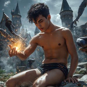 AI male art photos with a fantastical atmosphere. Imagine a Hogwarts School of Witchcraft student, from the Harry Potter series, a handsome, beautiful, and attractive, shirtless young teenage boy, standing firm against a threat. With a detailed Hogwarts castle background, casting a powerful spell, conjuring creatures based on their assigned house crest. From Demonic snakes, powerful lions, fierce badgers, or a murder of Crows. Dementors floating ominously in a cloudy sky, and sparks, shadows, and cinematic lighting, offering an otherworldly vibe.