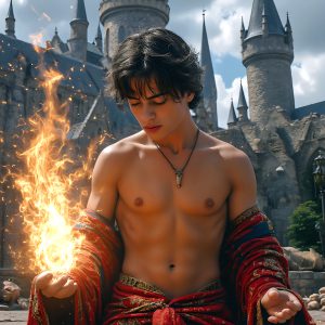 AI male art photos with a fantastical atmosphere. Imagine a Hogwarts School of Witchcraft student, from the Harry Potter series, a handsome, beautiful, and attractive, shirtless young teenage boy, standing firm against a threat. With a detailed Hogwarts castle background, casting a powerful spell, conjuring creatures based on their assigned house crest. From Demonic snakes, powerful lions, fierce badgers, or a murder of Crows. Dementors floating ominously in a cloudy sky, and sparks, shadows, and cinematic lighting, offering an otherworldly vibe.