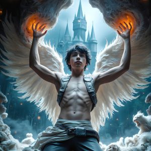 AI male art photos with a fantastical atmosphere. Imagine a Hogwarts School of Witchcraft student, from the Harry Potter series, a handsome, beautiful, and attractive, shirtless young teenage boy, standing firm against a threat. With a detailed Hogwarts castle background, casting a powerful spell, conjuring creatures based on their assigned house crest. From Demonic snakes, powerful lions, fierce badgers, or a murder of Crows. Dementors floating ominously in a cloudy sky, and sparks, shadows, and cinematic lighting, offering an otherworldly vibe.