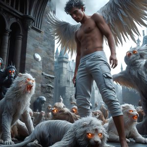 AI male art photos with a fantastical atmosphere. Imagine a Hogwarts School of Witchcraft student, from the Harry Potter series, a handsome, beautiful, and attractive, shirtless young teenage boy, standing firm against a threat. With a detailed Hogwarts castle background, casting a powerful spell, conjuring creatures based on their assigned house crest. From Demonic snakes, powerful lions, fierce badgers, or a murder of Crows. Dementors floating ominously in a cloudy sky, and sparks, shadows, and cinematic lighting, offering an otherworldly vibe.