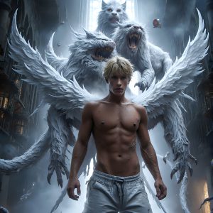 AI male art photos with a fantastical atmosphere. Imagine a Hogwarts School of Witchcraft student, from the Harry Potter series, a handsome, beautiful, and attractive, shirtless young teenage boy, standing firm against a threat. With a detailed Hogwarts castle background, casting a powerful spell, conjuring creatures based on their assigned house crest. From Demonic snakes, powerful lions, fierce badgers, or a murder of Crows. Dementors floating ominously in a cloudy sky, and sparks, shadows, and cinematic lighting, offering an otherworldly vibe.