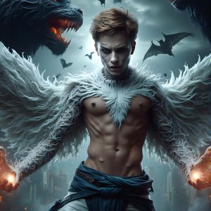 AI male art photos with a fantastical atmosphere. Imagine a Hogwarts School of Witchcraft student, from the Harry Potter series, a handsome, beautiful, and attractive, shirtless young teenage boy, standing firm against a threat. With a detailed Hogwarts castle background, casting a powerful spell, conjuring creatures based on their assigned house crest. From Demonic snakes, powerful lions, fierce badgers, or a murder of Crows. Dementors floating ominously in a cloudy sky, and sparks, shadows, and cinematic lighting, offering an otherworldly vibe.