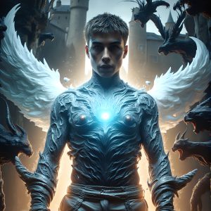 AI male art photos with a fantastical atmosphere. Imagine a Hogwarts School of Witchcraft student, from the Harry Potter series, a handsome, beautiful, and attractive, shirtless young teenage boy, standing firm against a threat. With a detailed Hogwarts castle background, casting a powerful spell, conjuring creatures based on their assigned house crest. From Demonic snakes, powerful lions, fierce badgers, or a murder of Crows. Dementors floating ominously in a cloudy sky, and sparks, shadows, and cinematic lighting, offering an otherworldly vibe.