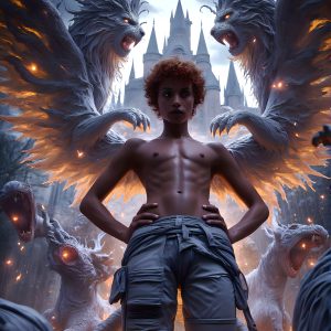 AI male art photos with a fantastical atmosphere. Imagine a Hogwarts School of Witchcraft student, from the Harry Potter series, a handsome, beautiful, and attractive, shirtless young teenage boy, standing firm against a threat. With a detailed Hogwarts castle background, casting a powerful spell, conjuring creatures based on their assigned house crest. From Demonic snakes, powerful lions, fierce badgers, or a murder of Crows. Dementors floating ominously in a cloudy sky, and sparks, shadows, and cinematic lighting, offering an otherworldly vibe.