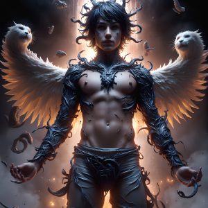 AI male art photos with a fantastical atmosphere. Imagine a Hogwarts School of Witchcraft student, from the Harry Potter series, a handsome, beautiful, and attractive, shirtless young teenage boy, standing firm against a threat. With a detailed Hogwarts castle background, casting a powerful spell, conjuring creatures based on their assigned house crest. From Demonic snakes, powerful lions, fierce badgers, or a murder of Crows. Dementors floating ominously in a cloudy sky, and sparks, shadows, and cinematic lighting, offering an otherworldly vibe.