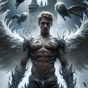 AI male art photos with a fantastical atmosphere. Imagine a Hogwarts School of Witchcraft student, from the Harry Potter series, a handsome, beautiful, and attractive, shirtless young teenage boy, standing firm against a threat. With a detailed Hogwarts castle background, casting a powerful spell, conjuring creatures based on their assigned house crest. From Demonic snakes, powerful lions, fierce badgers, or a murder of Crows. Dementors floating ominously in a cloudy sky, and sparks, shadows, and cinematic lighting, offering an otherworldly vibe.