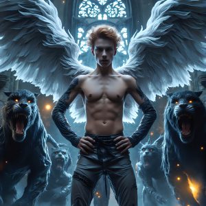 AI male art photos with a fantastical atmosphere. Imagine a Hogwarts School of Witchcraft student, from the Harry Potter series, a handsome, beautiful, and attractive, shirtless young teenage boy, standing firm against a threat. With a detailed Hogwarts castle background, casting a powerful spell, conjuring creatures based on their assigned house crest. From Demonic snakes, powerful lions, fierce badgers, or a murder of Crows. Dementors floating ominously in a cloudy sky, and sparks, shadows, and cinematic lighting, offering an otherworldly vibe.