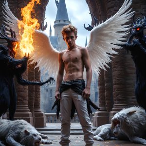 AI male art photos with a fantastical atmosphere. Imagine a Hogwarts School of Witchcraft student, from the Harry Potter series, a handsome, beautiful, and attractive, shirtless young teenage boy, standing firm against a threat. With a detailed Hogwarts castle background, casting a powerful spell, conjuring creatures based on their assigned house crest. From Demonic snakes, powerful lions, fierce badgers, or a murder of Crows. Dementors floating ominously in a cloudy sky, and sparks, shadows, and cinematic lighting, offering an otherworldly vibe.