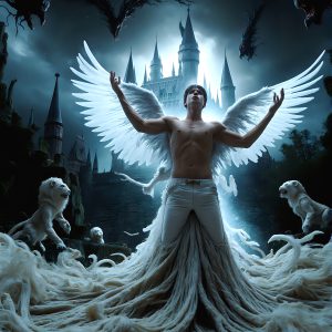 AI male art photos with a fantastical atmosphere. Imagine a Hogwarts School of Witchcraft student, from the Harry Potter series, a handsome, beautiful, and attractive, shirtless young teenage boy, standing firm against a threat. With a detailed Hogwarts castle background, casting a powerful spell, conjuring creatures based on their assigned house crest. From Demonic snakes, powerful lions, fierce badgers, or a murder of Crows. Dementors floating ominously in a cloudy sky, and sparks, shadows, and cinematic lighting, offering an otherworldly vibe.