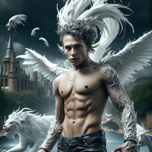 AI male art photos with a fantastical atmosphere. Imagine a Hogwarts School of Witchcraft student, from the Harry Potter series, a handsome, beautiful, and attractive, shirtless young teenage boy, standing firm against a threat. With a detailed Hogwarts castle background, casting a powerful spell, conjuring creatures based on their assigned house crest. From Demonic snakes, powerful lions, fierce badgers, or a murder of Crows. Dementors floating ominously in a cloudy sky, and sparks, shadows, and cinematic lighting, offering an otherworldly vibe.