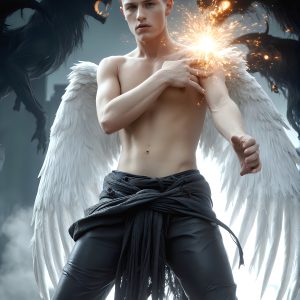 AI male art photos with a fantastical atmosphere. Imagine a Hogwarts School of Witchcraft student, from the Harry Potter series, a handsome, beautiful, and attractive, shirtless young teenage boy, standing firm against a threat. With a detailed Hogwarts castle background, casting a powerful spell, conjuring creatures based on their assigned house crest. From Demonic snakes, powerful lions, fierce badgers, or a murder of Crows. Dementors floating ominously in a cloudy sky, and sparks, shadows, and cinematic lighting, offering an otherworldly vibe.