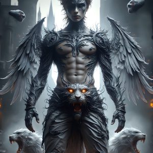 AI male art photos with a fantastical atmosphere. Imagine a Hogwarts School of Witchcraft student, from the Harry Potter series, a handsome, beautiful, and attractive, shirtless young teenage boy, standing firm against a threat. With a detailed Hogwarts castle background, casting a powerful spell, conjuring creatures based on their assigned house crest. From Demonic snakes, powerful lions, fierce badgers, or a murder of Crows. Dementors floating ominously in a cloudy sky, and sparks, shadows, and cinematic lighting, offering an otherworldly vibe.