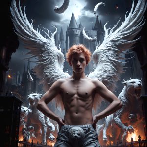 AI male art photos with a fantastical atmosphere. Imagine a Hogwarts School of Witchcraft student, from the Harry Potter series, a handsome, beautiful, and attractive, shirtless young teenage boy, standing firm against a threat. With a detailed Hogwarts castle background, casting a powerful spell, conjuring creatures based on their assigned house crest. From Demonic snakes, powerful lions, fierce badgers, or a murder of Crows. Dementors floating ominously in a cloudy sky, and sparks, shadows, and cinematic lighting, offering an otherworldly vibe.