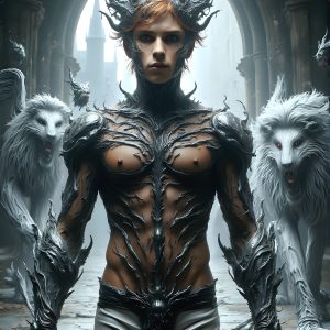 AI male art photos with a fantastical atmosphere. Imagine a Hogwarts School of Witchcraft student, from the Harry Potter series, a handsome, beautiful, and attractive, shirtless young teenage boy, standing firm against a threat. With a detailed Hogwarts castle background, casting a powerful spell, conjuring creatures based on their assigned house crest. From Demonic snakes, powerful lions, fierce badgers, or a murder of Crows. Dementors floating ominously in a cloudy sky, and sparks, shadows, and cinematic lighting, offering an otherworldly vibe.