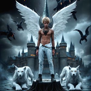 AI male art photos with a fantastical atmosphere. Imagine a Hogwarts School of Witchcraft student, from the Harry Potter series, a handsome, beautiful, and attractive, shirtless young teenage boy, standing firm against a threat. With a detailed Hogwarts castle background, casting a powerful spell, conjuring creatures based on their assigned house crest. From Demonic snakes, powerful lions, fierce badgers, or a murder of Crows. Dementors floating ominously in a cloudy sky, and sparks, shadows, and cinematic lighting, offering an otherworldly vibe.