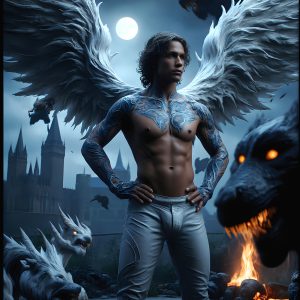 AI male art photos with a fantastical atmosphere. Imagine a Hogwarts School of Witchcraft student, from the Harry Potter series, a handsome, beautiful, and attractive, shirtless young teenage boy, standing firm against a threat. With a detailed Hogwarts castle background, casting a powerful spell, conjuring creatures based on their assigned house crest. From Demonic snakes, powerful lions, fierce badgers, or a murder of Crows. Dementors floating ominously in a cloudy sky, and sparks, shadows, and cinematic lighting, offering an otherworldly vibe.