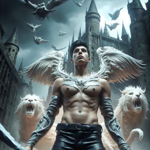AI male art photos with a fantastical atmosphere. Imagine a Hogwarts School of Witchcraft student, from the Harry Potter series, a handsome, beautiful, and attractive, shirtless young teenage boy, standing firm against a threat. With a detailed Hogwarts castle background, casting a powerful spell, conjuring creatures based on their assigned house crest. From Demonic snakes, powerful lions, fierce badgers, or a murder of Crows. Dementors floating ominously in a cloudy sky, and sparks, shadows, and cinematic lighting, offering an otherworldly vibe.