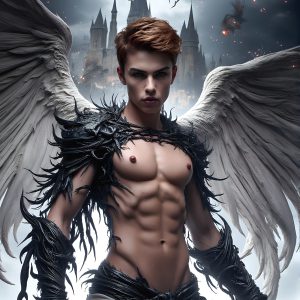 AI male art photos with a fantastical atmosphere. Imagine a Hogwarts School of Witchcraft student, from the Harry Potter series, a handsome, beautiful, and attractive, shirtless young teenage boy, standing firm against a threat. With a detailed Hogwarts castle background, casting a powerful spell, conjuring creatures based on their assigned house crest. From Demonic snakes, powerful lions, fierce badgers, or a murder of Crows. Dementors floating ominously in a cloudy sky, and sparks, shadows, and cinematic lighting, offering an otherworldly vibe.