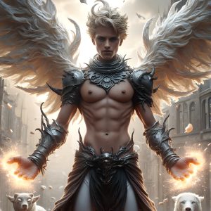 AI male art photos with a fantastical atmosphere. Imagine a Hogwarts School of Witchcraft student, from the Harry Potter series, a handsome, beautiful, and attractive, shirtless young teenage boy, standing firm against a threat. With a detailed Hogwarts castle background, casting a powerful spell, conjuring creatures based on their assigned house crest. From Demonic snakes, powerful lions, fierce badgers, or a murder of Crows. Dementors floating ominously in a cloudy sky, and sparks, shadows, and cinematic lighting, offering an otherworldly vibe.