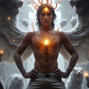 AI male art photos with a fantastical atmosphere. Imagine a Hogwarts School of Witchcraft student, from the Harry Potter series, a handsome, beautiful, and attractive, shirtless young teenage boy, standing firm against a threat. With a detailed Hogwarts castle background, casting a powerful spell, conjuring creatures based on their assigned house crest. From Demonic snakes, powerful lions, fierce badgers, or a murder of Crows. Dementors floating ominously in a cloudy sky, and sparks, shadows, and cinematic lighting, offering an otherworldly vibe.