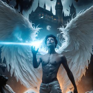 AI male art photos with a fantastical atmosphere. Imagine a Hogwarts School of Witchcraft student, from the Harry Potter series, a handsome, beautiful, and attractive, shirtless young teenage boy, standing firm against a threat. With a detailed Hogwarts castle background, casting a powerful spell, conjuring creatures based on their assigned house crest. From Demonic snakes, powerful lions, fierce badgers, or a murder of Crows. Dementors floating ominously in a cloudy sky, and sparks, shadows, and cinematic lighting, offering an otherworldly vibe.