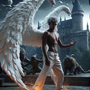 AI male art photos with a fantastical atmosphere. Imagine a Hogwarts School of Witchcraft student, from the Harry Potter series, a handsome, beautiful, and attractive, shirtless young teenage boy, standing firm against a threat. With a detailed Hogwarts castle background, casting a powerful spell, conjuring creatures based on their assigned house crest. From Demonic snakes, powerful lions, fierce badgers, or a murder of Crows. Dementors floating ominously in a cloudy sky, and sparks, shadows, and cinematic lighting, offering an otherworldly vibe.