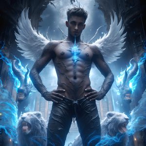 AI male art photos with a fantastical atmosphere. Imagine a Hogwarts School of Witchcraft student, from the Harry Potter series, a handsome, beautiful, and attractive, shirtless young teenage boy, standing firm against a threat. With a detailed Hogwarts castle background, casting a powerful spell, conjuring creatures based on their assigned house crest. From Demonic snakes, powerful lions, fierce badgers, or a murder of Crows. Dementors floating ominously in a cloudy sky, and sparks, shadows, and cinematic lighting, offering an otherworldly vibe.