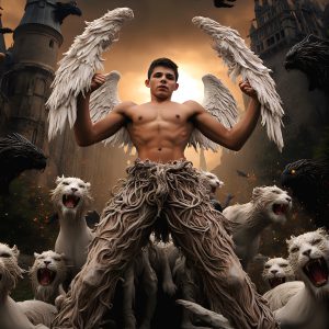 AI male art photos with a fantastical atmosphere. Imagine a Hogwarts School of Witchcraft student, from the Harry Potter series, a handsome, beautiful, and attractive, shirtless young teenage boy, standing firm against a threat. With a detailed Hogwarts castle background, casting a powerful spell, conjuring creatures based on their assigned house crest. From Demonic snakes, powerful lions, fierce badgers, or a murder of Crows. Dementors floating ominously in a cloudy sky, and sparks, shadows, and cinematic lighting, offering an otherworldly vibe.