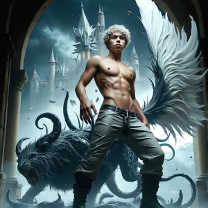 AI male art photos with a fantastical atmosphere. Imagine a Hogwarts School of Witchcraft student, from the Harry Potter series, a handsome, beautiful, and attractive, shirtless young teenage boy, standing firm against a threat. With a detailed Hogwarts castle background, casting a powerful spell, conjuring creatures based on their assigned house crest. From Demonic snakes, powerful lions, fierce badgers, or a murder of Crows. Dementors floating ominously in a cloudy sky, and sparks, shadows, and cinematic lighting, offering an otherworldly vibe.