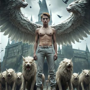 AI male art photos with a fantastical atmosphere. Imagine a Hogwarts School of Witchcraft student, from the Harry Potter series, a handsome, beautiful, and attractive, shirtless young teenage boy, standing firm against a threat. With a detailed Hogwarts castle background, casting a powerful spell, conjuring creatures based on their assigned house crest. From Demonic snakes, powerful lions, fierce badgers, or a murder of Crows. Dementors floating ominously in a cloudy sky, and sparks, shadows, and cinematic lighting, offering an otherworldly vibe.