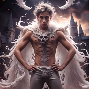 AI male art photos with a fantastical atmosphere. Imagine a Hogwarts School of Witchcraft student, from the Harry Potter series, a handsome, beautiful, and attractive, shirtless young teenage boy, standing firm against a threat. With a detailed Hogwarts castle background, casting a powerful spell, conjuring creatures based on their assigned house crest. From Demonic snakes, powerful lions, fierce badgers, or a murder of Crows. Dementors floating ominously in a cloudy sky, and sparks, shadows, and cinematic lighting, offering an otherworldly vibe.