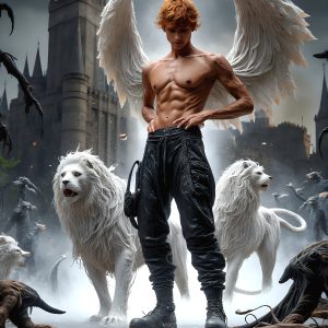 AI male art photos with a fantastical atmosphere. Imagine a Hogwarts School of Witchcraft student, from the Harry Potter series, a handsome, beautiful, and attractive, shirtless young teenage boy, standing firm against a threat. With a detailed Hogwarts castle background, casting a powerful spell, conjuring creatures based on their assigned house crest. From Demonic snakes, powerful lions, fierce badgers, or a murder of Crows. Dementors floating ominously in a cloudy sky, and sparks, shadows, and cinematic lighting, offering an otherworldly vibe.