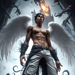 AI male art photos with a fantastical atmosphere. Imagine a Hogwarts School of Witchcraft student, from the Harry Potter series, a handsome, beautiful, and attractive, shirtless young teenage boy, standing firm against a threat. With a detailed Hogwarts castle background, casting a powerful spell, conjuring creatures based on their assigned house crest. From Demonic snakes, powerful lions, fierce badgers, or a murder of Crows. Dementors floating ominously in a cloudy sky, and sparks, shadows, and cinematic lighting, offering an otherworldly vibe.