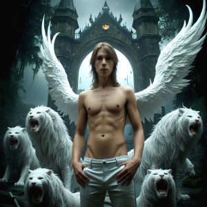 AI male art photos with a fantastical atmosphere. Imagine a Hogwarts School of Witchcraft student, from the Harry Potter series, a handsome, beautiful, and attractive, shirtless young teenage boy, standing firm against a threat. With a detailed Hogwarts castle background, casting a powerful spell, conjuring creatures based on their assigned house crest. From Demonic snakes, powerful lions, fierce badgers, or a murder of Crows. Dementors floating ominously in a cloudy sky, and sparks, shadows, and cinematic lighting, offering an otherworldly vibe.