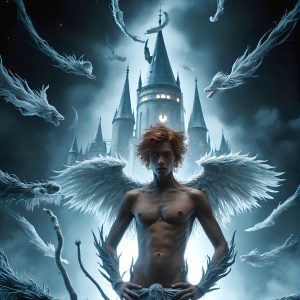 AI male art photos with a fantastical atmosphere. Imagine a Hogwarts School of Witchcraft student, from the Harry Potter series, a handsome, beautiful, and attractive, shirtless young teenage boy, standing firm against a threat. With a detailed Hogwarts castle background, casting a powerful spell, conjuring creatures based on their assigned house crest. From Demonic snakes, powerful lions, fierce badgers, or a murder of Crows. Dementors floating ominously in a cloudy sky, and sparks, shadows, and cinematic lighting, offering an otherworldly vibe.