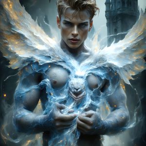 AI male art photos with a fantastical atmosphere. Imagine a Hogwarts School of Witchcraft student, from the Harry Potter series, a handsome, beautiful, and attractive, shirtless young teenage boy, standing firm against a threat. With a detailed Hogwarts castle background, casting a powerful spell, conjuring creatures based on their assigned house crest. From Demonic snakes, powerful lions, fierce badgers, or a murder of Crows. Dementors floating ominously in a cloudy sky, and sparks, shadows, and cinematic lighting, offering an otherworldly vibe.