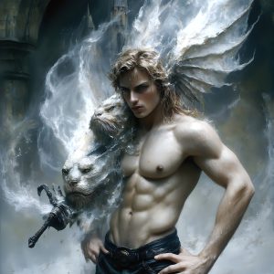 AI male art photos with a fantastical atmosphere. Imagine a Hogwarts School of Witchcraft student, from the Harry Potter series, a handsome, beautiful, and attractive, shirtless young teenage boy, standing firm against a threat. With a detailed Hogwarts castle background, casting a powerful spell, conjuring creatures based on their assigned house crest. From Demonic snakes, powerful lions, fierce badgers, or a murder of Crows. Dementors floating ominously in a cloudy sky, and sparks, shadows, and cinematic lighting, offering an otherworldly vibe.