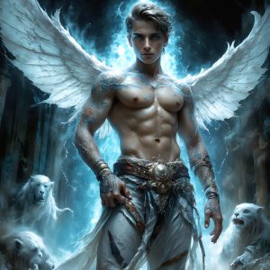 AI male art photos with a fantastical atmosphere. Imagine a Hogwarts School of Witchcraft student, from the Harry Potter series, a handsome, beautiful, and attractive, shirtless young teenage boy, standing firm against a threat. With a detailed Hogwarts castle background, casting a powerful spell, conjuring creatures based on their assigned house crest. From Demonic snakes, powerful lions, fierce badgers, or a murder of Crows. Dementors floating ominously in a cloudy sky, and sparks, shadows, and cinematic lighting, offering an otherworldly vibe.