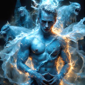 AI male art photos with a fantastical atmosphere. Imagine a Hogwarts School of Witchcraft student, from the Harry Potter series, a handsome, beautiful, and attractive, shirtless young teenage boy, standing firm against a threat. With a detailed Hogwarts castle background, casting a powerful spell, conjuring creatures based on their assigned house crest. From Demonic snakes, powerful lions, fierce badgers, or a murder of Crows. Dementors floating ominously in a cloudy sky, and sparks, shadows, and cinematic lighting, offering an otherworldly vibe.