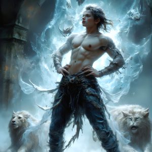 AI male art photos with a fantastical atmosphere. Imagine a Hogwarts School of Witchcraft student, from the Harry Potter series, a handsome, beautiful, and attractive, shirtless young teenage boy, standing firm against a threat. With a detailed Hogwarts castle background, casting a powerful spell, conjuring creatures based on their assigned house crest. From Demonic snakes, powerful lions, fierce badgers, or a murder of Crows. Dementors floating ominously in a cloudy sky, and sparks, shadows, and cinematic lighting, offering an otherworldly vibe.