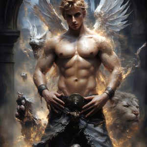 AI male art photos with a fantastical atmosphere. Imagine a Hogwarts School of Witchcraft student, from the Harry Potter series, a handsome, beautiful, and attractive, shirtless young teenage boy, standing firm against a threat. With a detailed Hogwarts castle background, casting a powerful spell, conjuring creatures based on their assigned house crest. From Demonic snakes, powerful lions, fierce badgers, or a murder of Crows. Dementors floating ominously in a cloudy sky, and sparks, shadows, and cinematic lighting, offering an otherworldly vibe.