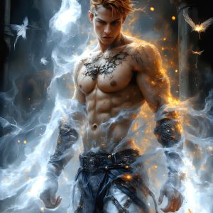 AI male art photos with a fantastical atmosphere. Imagine a Hogwarts School of Witchcraft student, from the Harry Potter series, a handsome, beautiful, and attractive, shirtless young teenage boy, standing firm against a threat. With a detailed Hogwarts castle background, casting a powerful spell, conjuring creatures based on their assigned house crest. From Demonic snakes, powerful lions, fierce badgers, or a murder of Crows. Dementors floating ominously in a cloudy sky, and sparks, shadows, and cinematic lighting, offering an otherworldly vibe.