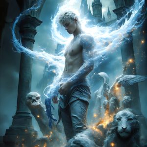 AI male art photos with a fantastical atmosphere. Imagine a Hogwarts School of Witchcraft student, from the Harry Potter series, a handsome, beautiful, and attractive, shirtless young teenage boy, standing firm against a threat. With a detailed Hogwarts castle background, casting a powerful spell, conjuring creatures based on their assigned house crest. From Demonic snakes, powerful lions, fierce badgers, or a murder of Crows. Dementors floating ominously in a cloudy sky, and sparks, shadows, and cinematic lighting, offering an otherworldly vibe.